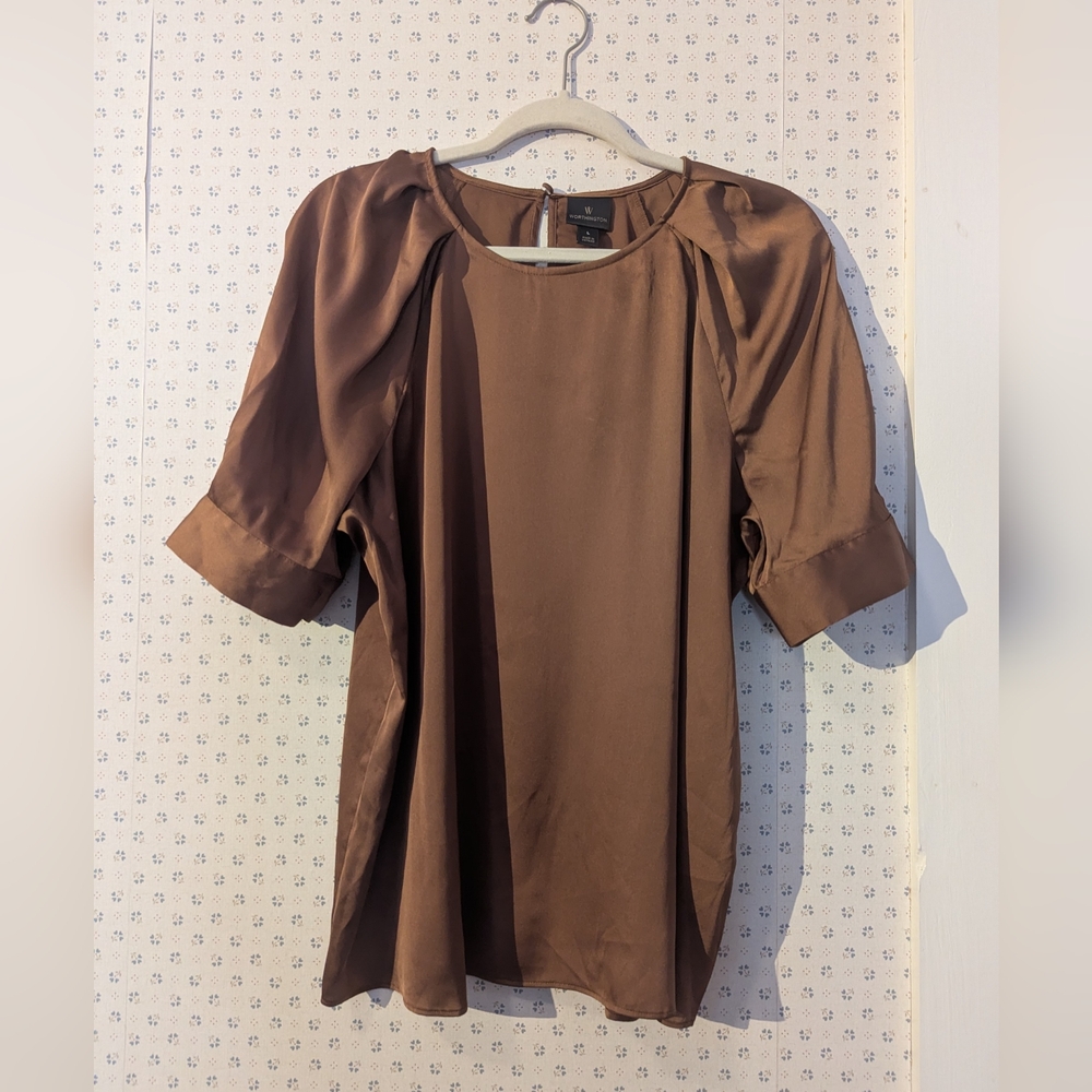 Worthington L Blouse Mocha Balloon Sleeves Satiny Feminine Trending Comfy NWT